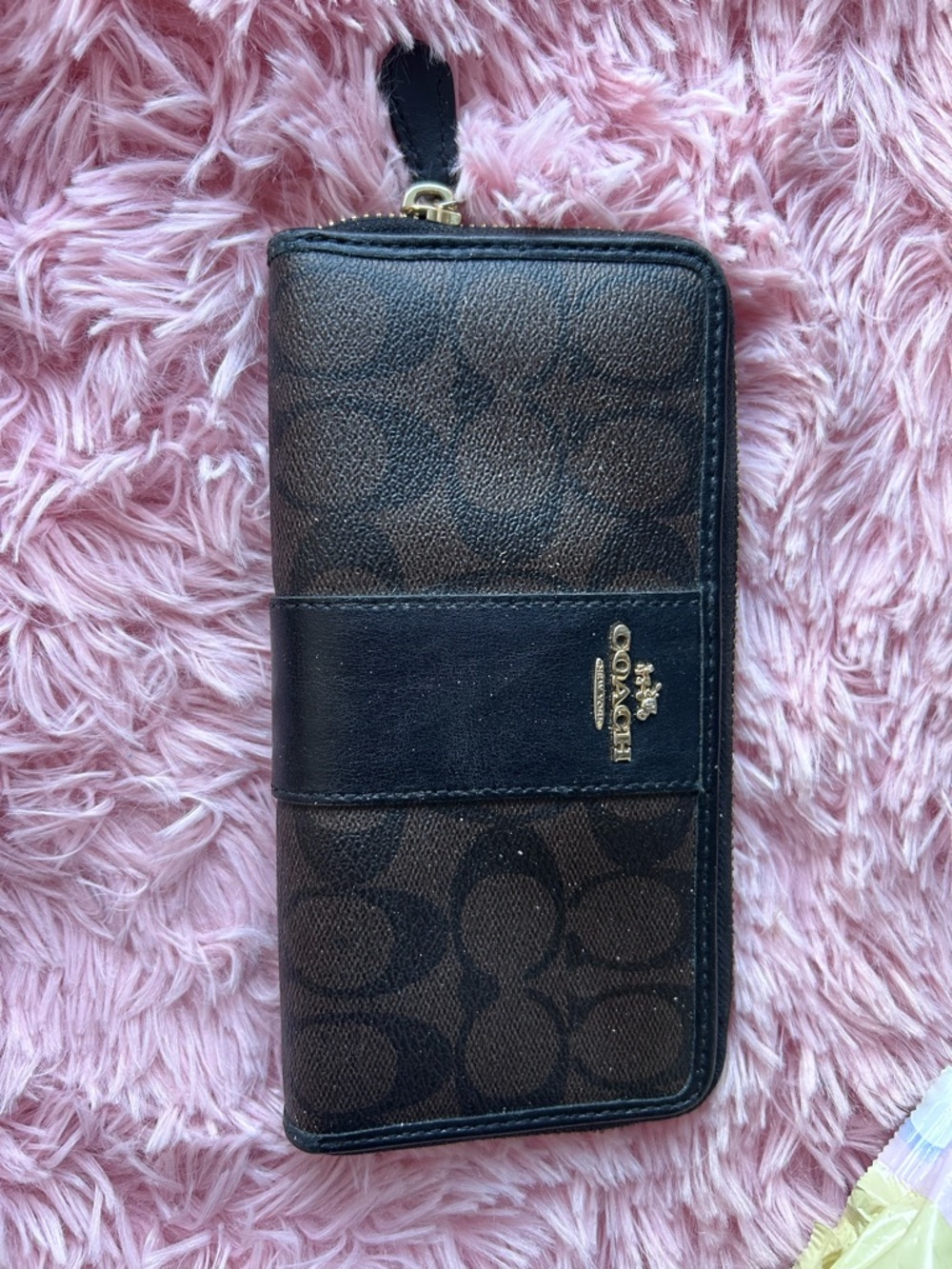 Coach Brown and Black Signature Zip-Around Wallet